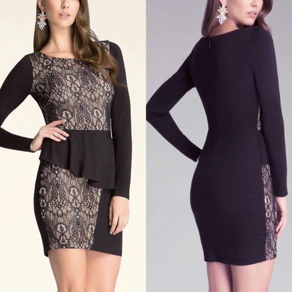 NWOT BEBE Long sleeve black lace peplum dress